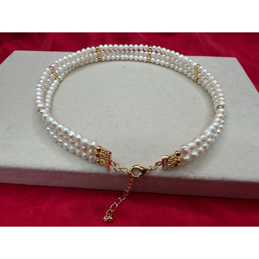 Triple-Strand White Freshwater Pearl Collar with Gold-Plated Adjustable Clasp